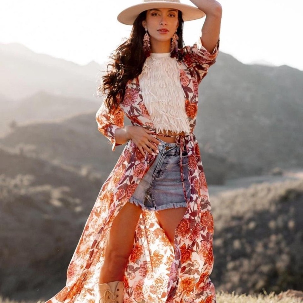 Floral Maxi Kimono Duster - Rust & Cream